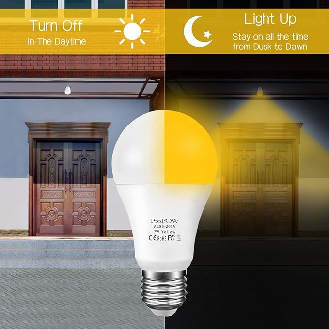 Yellow Bug Light Bulbs, Dusk to Dawn, 7W LED, 40W Equivalent, A19, Smart Auto on/Off, 580 Lumens, Porch Lights (Non-Dimmable, Amber Yellow, E26)