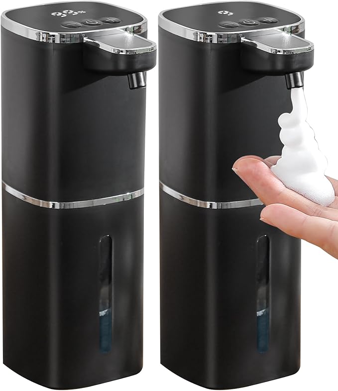2 Pack Automatic Foaming Soap Dispenser, 13.5oz/400mL, USB Rechargeable,9- Adjustable Foam Levels, IPX5 Waterproof, Touchless & Wall/Tabletop Use for Kitchen Bathroom, Black