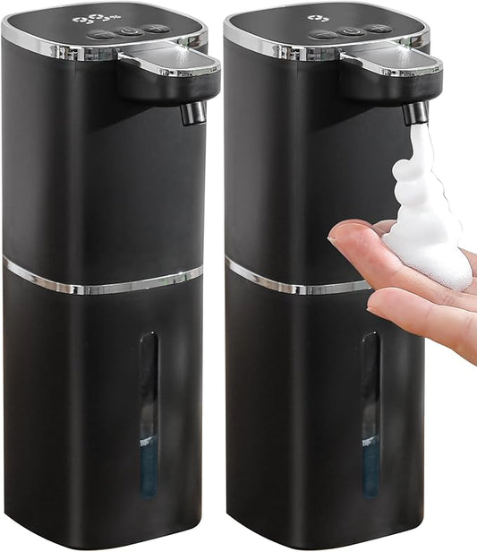 2 Pack Automatic Foaming Soap Dispenser, 13.5oz/400mL, USB Rechargeable,9- Adjustable Foam Levels, IPX5 Waterproof, Touchless & Wall/Tabletop Use for Kitchen Bathroom, Black