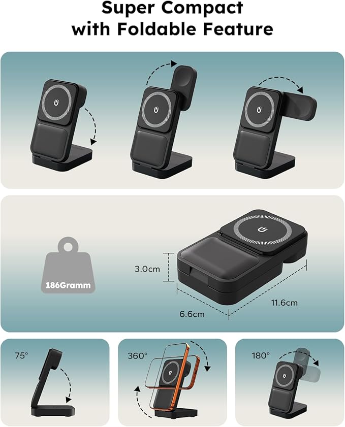 Travel Charging Station 3 in 1 for MagSafe, 15W Ultra Fast Magnetic Wireless Charger Stand for iPhone 17 16 15 Pro Max, Foldable Phone Charging Dock for Apple Watch/AirPods (with 30W Adapter)