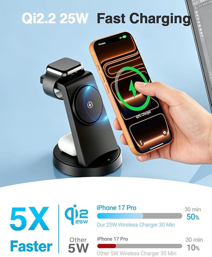25W Magnetic 3-in-1 Wireless Charging Station for Apple Multiple Devices: Qi2.2 Fast Charger Stand for iPhone Air 17 16 15 14 13 12 Pro Max, Apple Watch and AirPods-Perfect for Business and Travel