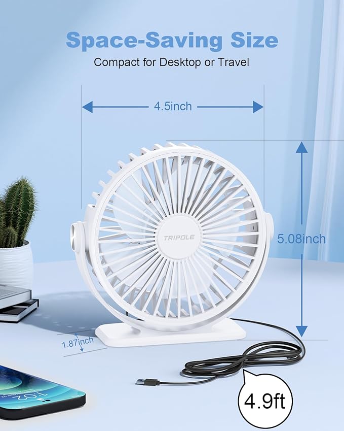 TriPole Desk Fan USB Powered Mini Portable Fan, 3 Speeds Adjustable Strong Breeze Personal Desktop Fans, 360° Rotation Quiet Plug In USB Fans for Bedroom Office Table Travel Cruise, White, 4.9ft Cable
