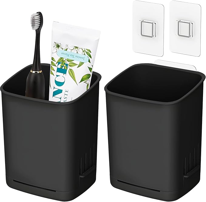 2 Packs Wall Mounted Toothbrush Holders, Self Adhesive Bathroom Toothbrush Wall Holder for Electric Toothbrush, Toothpaste, Razor,Shower Accessories (Black)