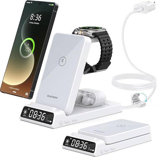 Wireless Charger for Samsung Charging Station with Clock for Samsung Galaxy S25 Ultra/S24/Z Flip 7/Fold 6/Bud, Watch Charger for Samsung Galaxy Watch 8/7/6/5, 3 in 1 Foldable Charging Station (White)