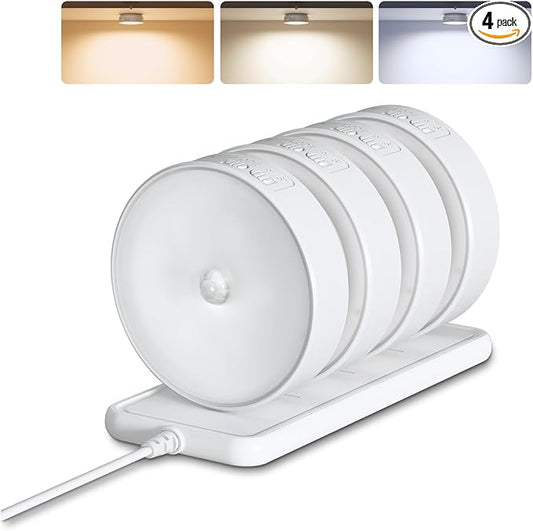 EZVALO 4 Pack Motion Sensor Closet Lights with Charging Station, 1200mAh Rechargeable LED Under Cabinet Lighting, Puck Light, Dimmable, 3 Color Temps, Magnetic, Stick-On for Kitchen, Closet, Stairs