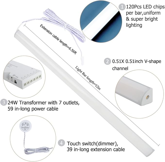 12" V-Shape Diffused LED Strip Light Bars Kit,Aluminum Channel Lights with Touch Sensor for Under Cabinet,Gun Safe,Closet,Under Counter,Book Shelf,Display Showcase,6000K White,4Pack