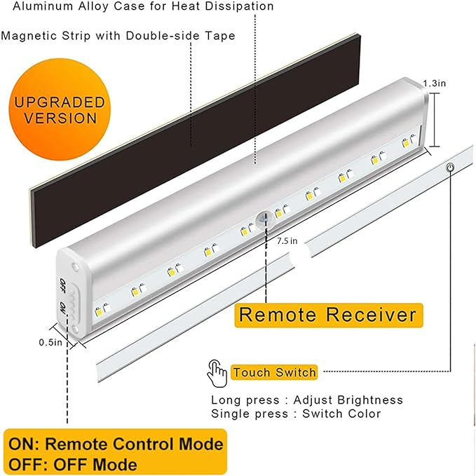 Remote Control Under Cabinet Lighting Wireless 6 Pack, 20-LED Dimmable Closet Lights Rechargeable Under Counter Light, Stick on Touch Night Light Strip Bar for Kitchen Stairway Bedroom, 3 Colors