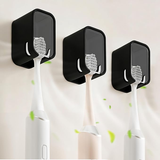 3 Pack Toothbrush Holders for Bathroom, Self Adhesive Wall Mounted Toothbrush Holder with Cover, Single Toothbrush Dispenser Storage Organizer for Family, Travel, Waterproof and Dustproof (Black)