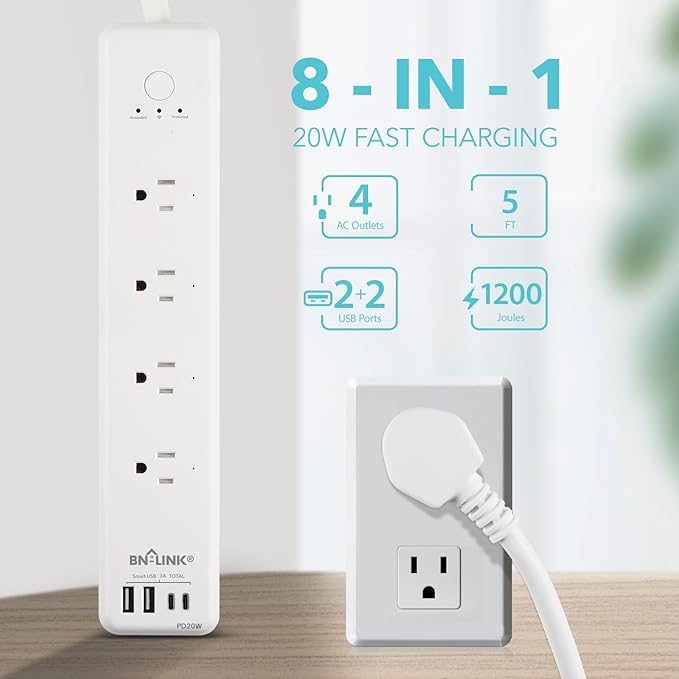 BN LINK Smart Plug Power Strip，Surge Protector with 4 Individually Controlled Smart Outlets, 4 USBs (incl. 20W USB-C), Compatible with Alexa and Google Home