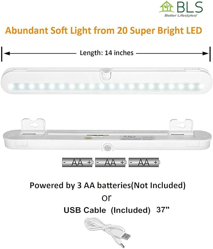BLS T01L LED Closet Light Super Bright 20 LED Under Cabinet Lighting Battery Powered/DC Input Wireless Motion Sensing Light, Auto On Off Switch, Motion Sensor & Light Sensor, 2 Pack