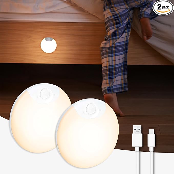 DAZZY DOT Rechargeable Battery Night Light, Motion Sensor Night Light, Magnetic Warm White LED Stick-On Closet Light, Dimmable Brightness for Stairs, Bathroom, Wall, Cruise, Cabinet, Hallway (2 Pack)