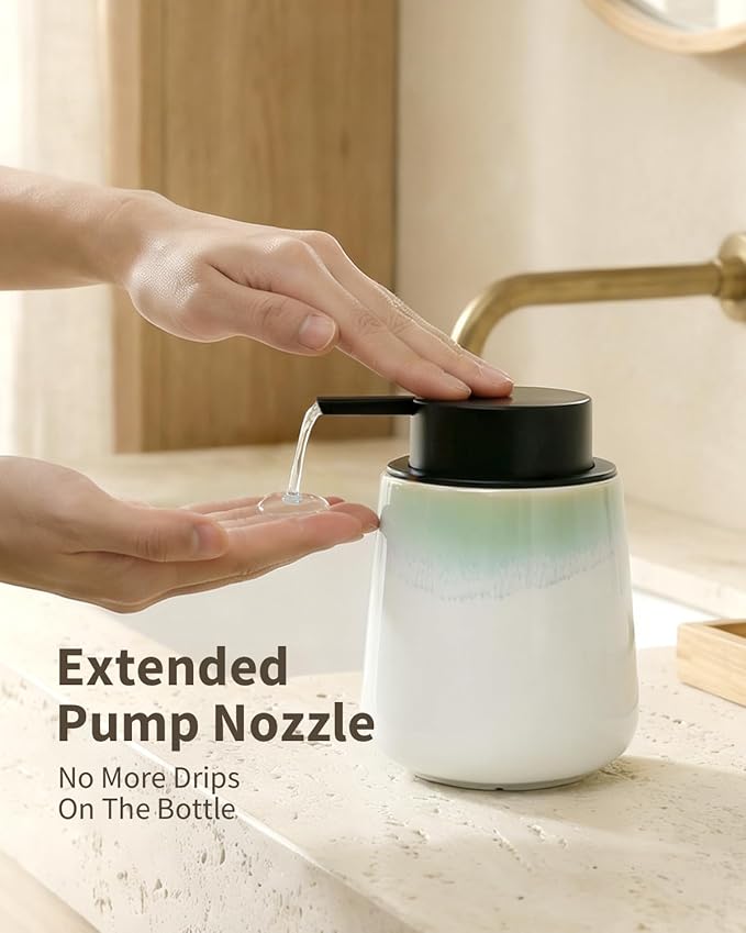 BosilunLife Hand Soap Dispenser - Ceramic Dish Soap Dispenser for Bathroom 12ounce Refillable Liquid Hand Wash Dispenser for Essential Oil, Lotion Soap, White with Blue-Green Rim
