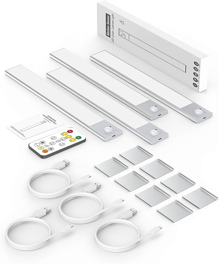 12" Ultra-Thin Under Cabinet Lighting Wireless, Aluminum Alloy Under Counter Lights for Kitchen, 3-Color-Temps Magnetic Closet Lights, Rechargeable Motion Sensor Light Indoor (4 Pack, Silver)