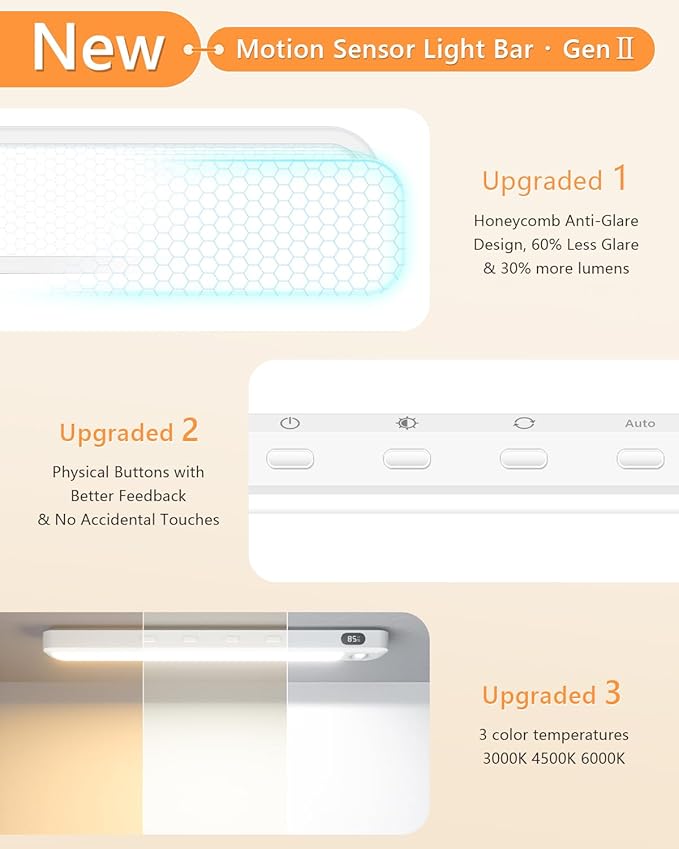WILLED Under Cabinet & Closet Lights, Motion Sensor, Rechargeable, Magnetic, 3 Color Temps, Dimmable LED Light Bar for Indoor Kitchen Counter (4 Pack, White)