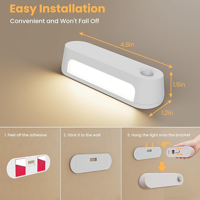Motion Sensor Night Light, 1800mAh Rechargeable Battery Operated Step Lights, 3000K Warm White Wireless Under Cabinet Lighting for Stairs, Hallway, Closet, Bedroom, Kitchen (2 Pack)