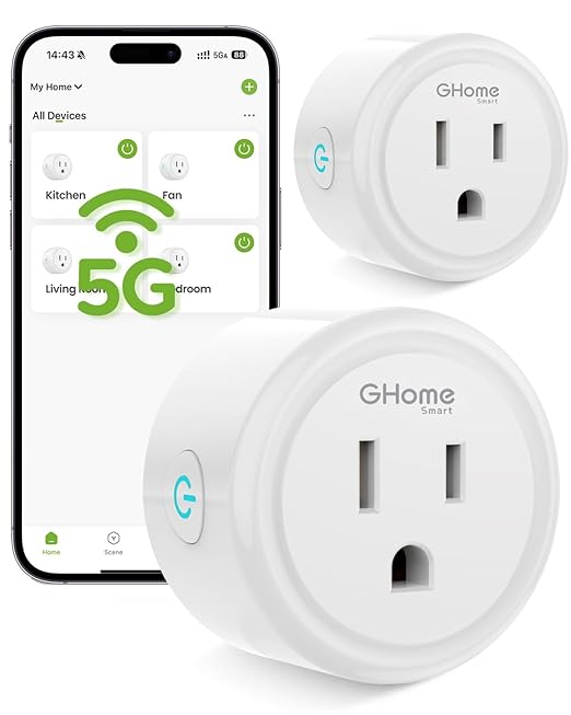 GHome Smart 5G 15A WiFi Smart Plug Compatible with Alexa and Google Home, Outlet Timer Smart Home WiFi Outlet Timer with Remote Control, 5GHz and 2.4GHz Wi-Fi Sockets, ETL FCC Listed, White, 2 Pack