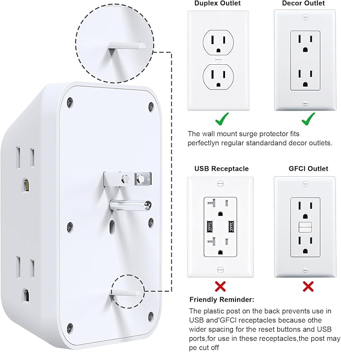 Outlet Extender Surge Protector, 6 Outlet Surge Protector Extender with 4 USB Ports (2 USB C) and Night Light, 1050J 4 Sided Multi Plug Wall Outlet for Home Office Dorm Essentials