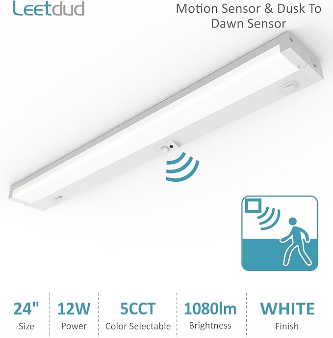 Leetdud Under Cabinet Lighting Motion Sensor Hardwired, 24 Inch 12W Dimmable, 5 CCT 2700/3000/3500/4000/5000K, Eyes Care Design Linkable Under Counter Lights for Kitchen, Sink, ETL Listed, White