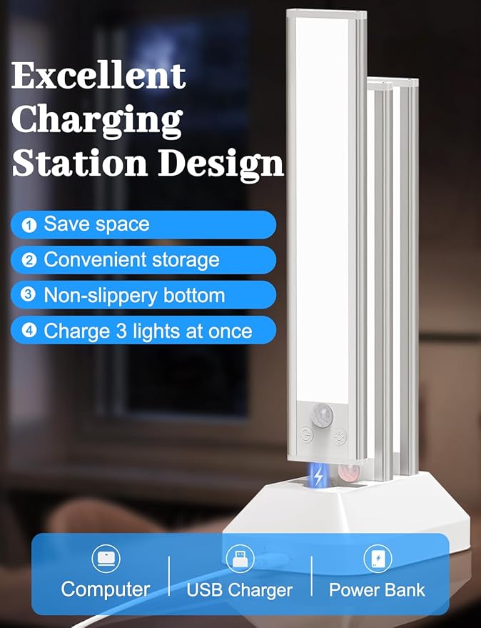 14in Under Cabinet Lighting with Charging Station, 3200mAh Rechargeable Motion Sensor Light Indoor, 3 Color Tempers Dimmable Closet Lights Wireless, Magnetic Under Cabinet Lights for Kitchen, 3-Pack