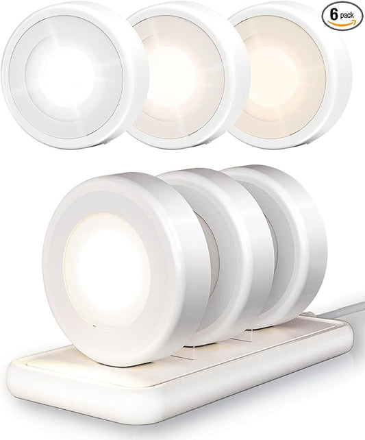 EZVALO LED Puck Lights with Charging Station, Rechargeable Stick On Tap Lights, Wireless Closet Light, 3 Color Temps, Under Cabinet Lights, 2.5'' Mini Touch Light for Kitchen,Pantry,Shelves(6 Pack)