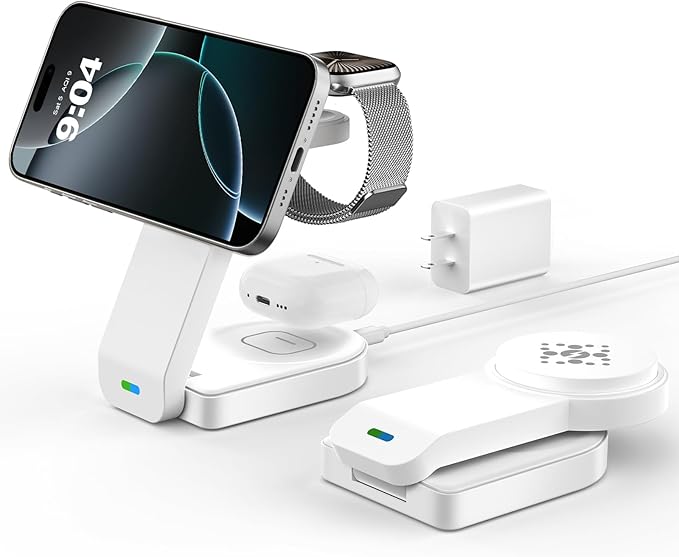 3 in 1 Wireless Charging Station Compatible with Apple,Foldable Magnetic Wireless Charger for iPhone 17/16/15/14/13/12,Apple Watch Series 11/Ultra 3/SE 3/10/9/8/7/6/5/4,Air-Pods Pro 3/4/3/Pro/2(White)