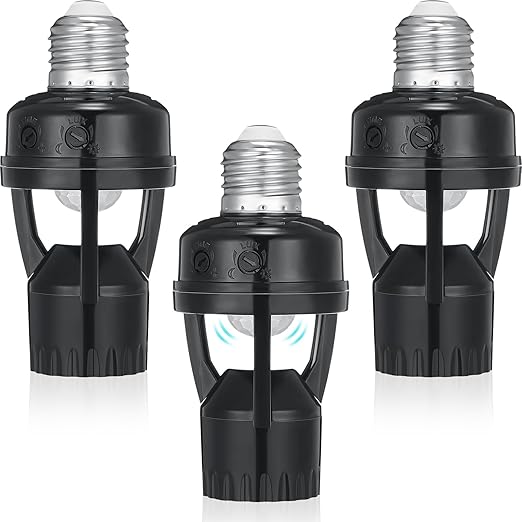 Hortsun 3 Pcs Motion Sensor Light Socket Smart Screw in Light Bulb Outlet Compatible with E26/e27 Motion Activated Bulb Holder Adapter Automatic Control for Porch Garage Storage Room (Black)