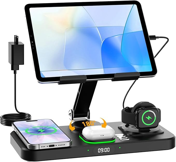 30W Charging Station for Apple Products, Foldable Wireless Charger with Clock Display&7 Color Light, Wired Charging for iPad/Tablet Charging Station for iPhone17, for Apple Watch11 for AirPods4(Black