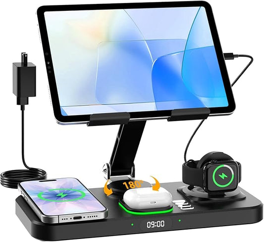 30W Charging Station for Apple Products, Foldable Wireless Charger with Clock Display&7 Color Light, Wired Charging for iPad/Tablet Charging Station for iPhone17, for Apple Watch11 for AirPods4(Black