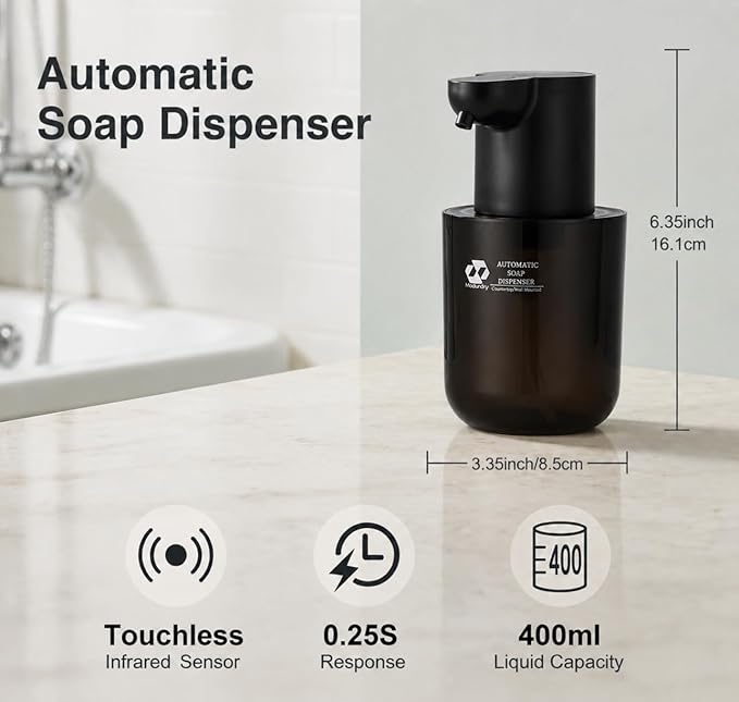 Automatic Soap Dispenser Touchless, 4-Level Adjustable Liquid Soap Dispenser, 13.5oz/400ml USB Rechargeable, IPX5 Waterproof, Countertop or Wall Mount, for Kitchen Bathroom, Black