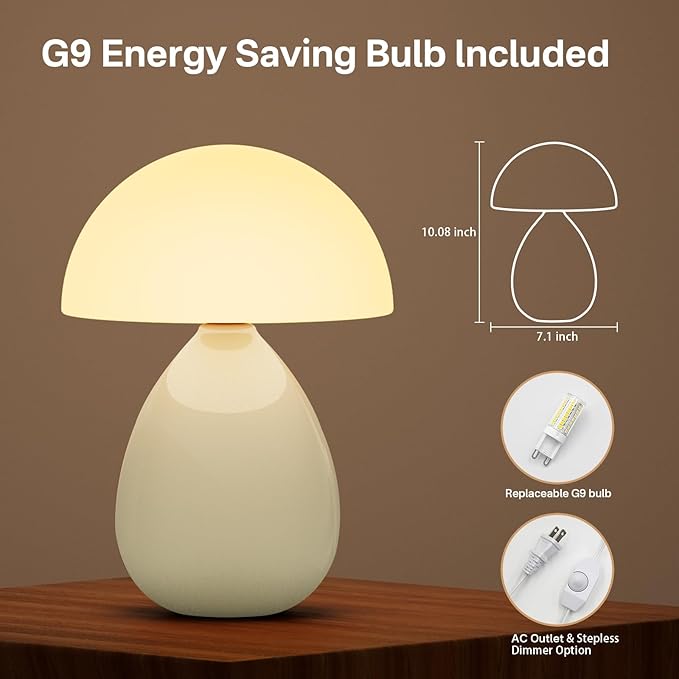 Dawnwake Mushroom Lamp Table Lamp for Bedroom,Ice Crackle Desk Lamp Bedside Small Lamps for Living Room Night Stands,Table Lamps Cute Modern Mid Century Lamps(Cream-Ice Crackle)