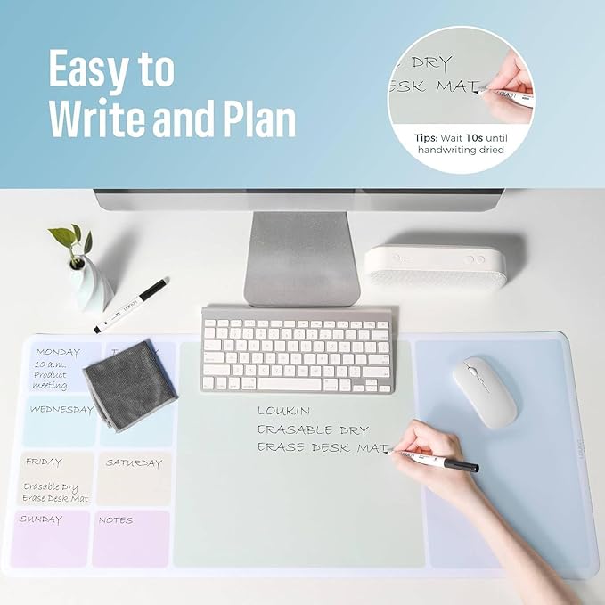LOUKIN Erasable Dry Erase Desk Mat, 32"x14" Mouse Pad, Writing White Board, Non-Slip Desktop Protector for Office, Home, School (Includes 2 Wet Erase Markers & Cleaning Cloth)