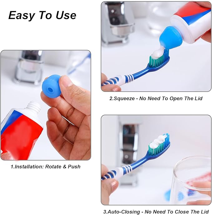 6 Pack Silcone Toothpaste Cap, Tnvee Reusable Self Closing Toothpaste Squeezer Dispenser with Organizer Box for Kids and Adults in Bathroom, Hygiene No Mess No Waste