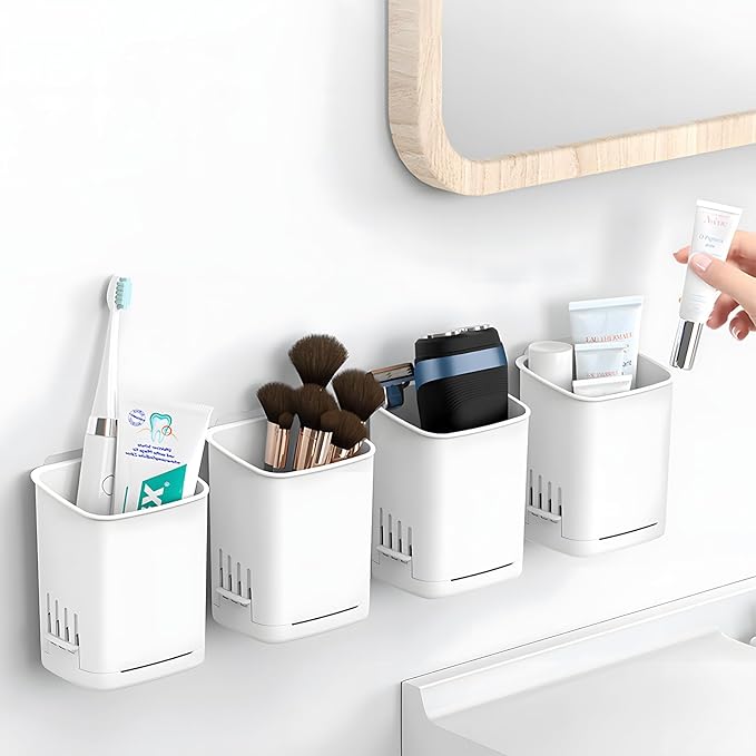 2 Pack Wall Mounted Toothbrush Holders，Removable Drill-Free Wall Shower Holder for Toothbrush,Toothpaste, Razor, Self-draining Self Adhesive Cup in Shower, Kitchen Tableware Organizer(White)