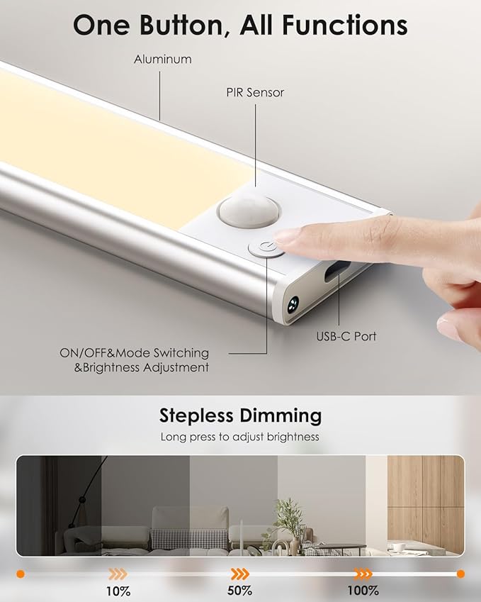 14in Under Cabinet Lighting, Upgraded 3200mAh Rechargeable Under Cabinet Lights Wireless, LED Motion Sensor Light Indoor Closet Lights Under-Counter Light Fixtures for Kitchen, Pantry, 2-Pack