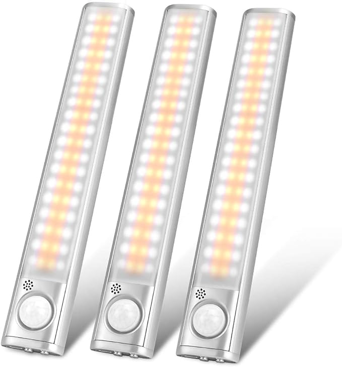 goodland Under Cabinet Lighting 80 LED Closet Light, Motion Sensor Lights Indoor USB Rechargeable Dimmable Stick-on Night Light Bar for Kitchen, Wardrobe, Garage, Stairs, Bedroom (3 Packs)