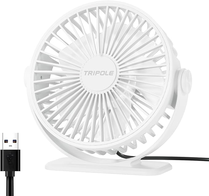 TriPole Desk Fan USB Powered Mini Portable Fan, 3 Speeds Adjustable Strong Breeze Personal Desktop Fans, 360° Rotation Quiet Plug In USB Fans for Bedroom Office Table Travel Cruise, White, 4.9ft Cable