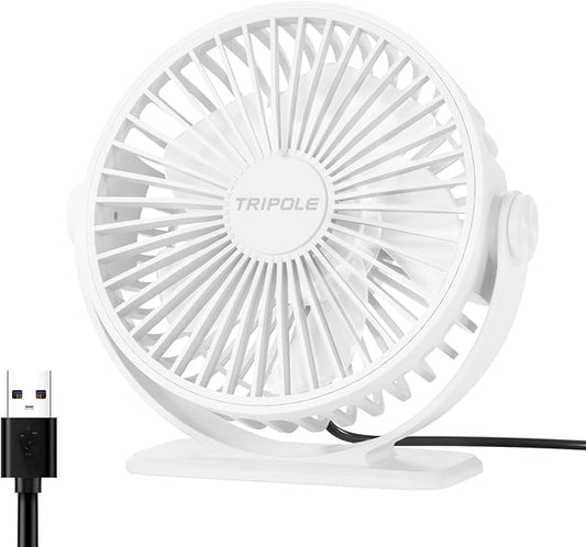 TriPole Desk Fan USB Powered Mini Portable Fan, 3 Speeds Adjustable Strong Breeze Personal Desktop Fans, 360° Rotation Quiet Plug In USB Fans for Bedroom Office Table Travel Cruise, White, 4.9ft Cable