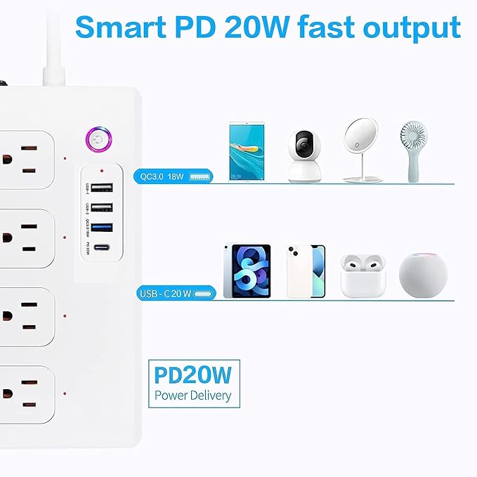 XENON Smart Plug Power Strip，Surge Protector with 4 Individually Controlled Smart Outlets, Voice Control,4 USBs (incl. 20W USB-C), Compatible with Alexa and Google Home,5Ft Extension Cord
