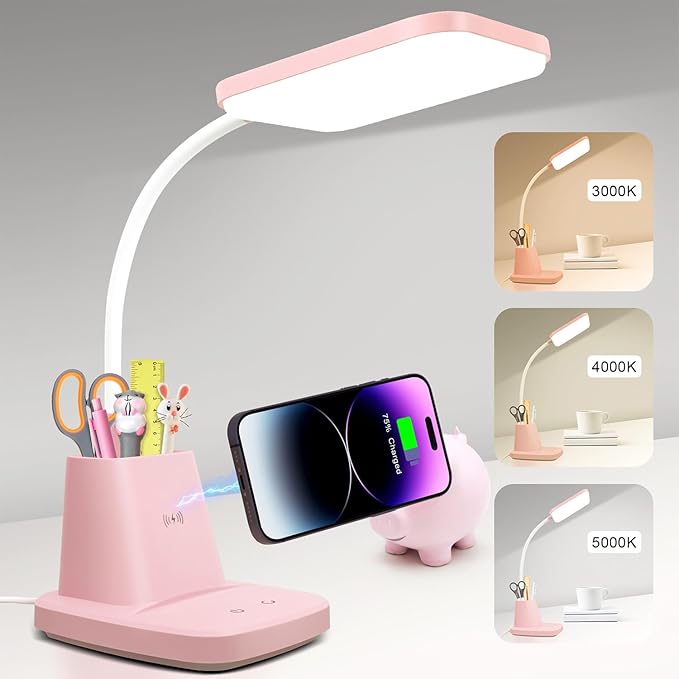 Pink Desk Lamp, Small Desk Lamp with Pen Holder, Wireless Charger LED Desk Lamps for Home Office, Kids Desk Lamps 800LM Flexible Arm 3 Modes Dimmable Touch, Study Lamps for College Dorm Room