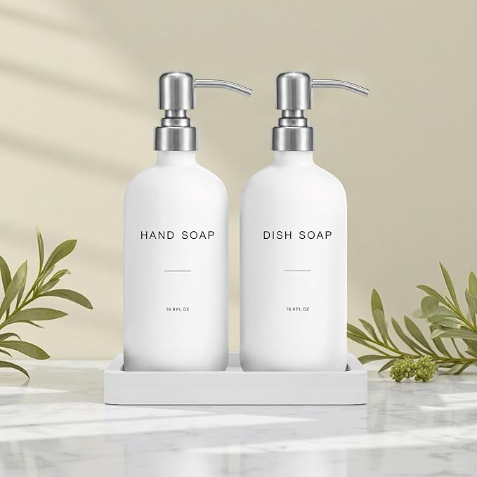 Prus Waso White Soap Dispenser for Kitchen Sink, Dish and Hand Soap Dispenser with Silver Stainless Steel Pump, Perfect for Kitchen Decor and Accessories. (Silver & White)