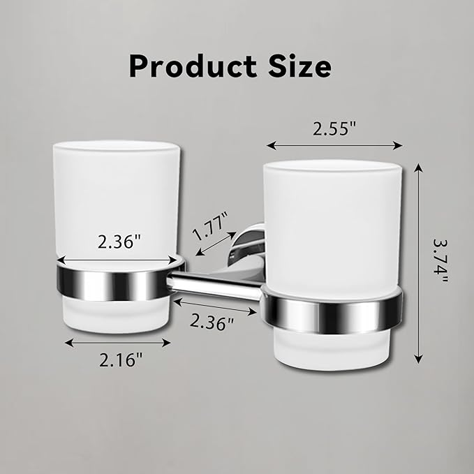 Double Toothbrush Holder, Wall Mounted Glass Tumbler Holder with Frosted Glass, Toothpaste Organizer for Bathroom