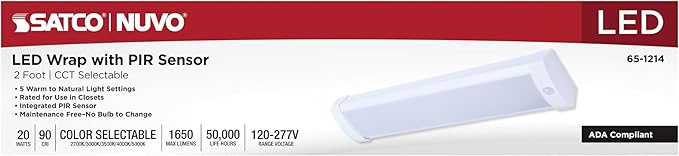 Satco 65-1214 2FT LED Ceiling Wrap Light with Motion Sensor, 20W, CCT Selectable 2700K–5000K, 1650 Lumens, 120-277V, White Steel Housing, Non-Dimmable, Damp Rated