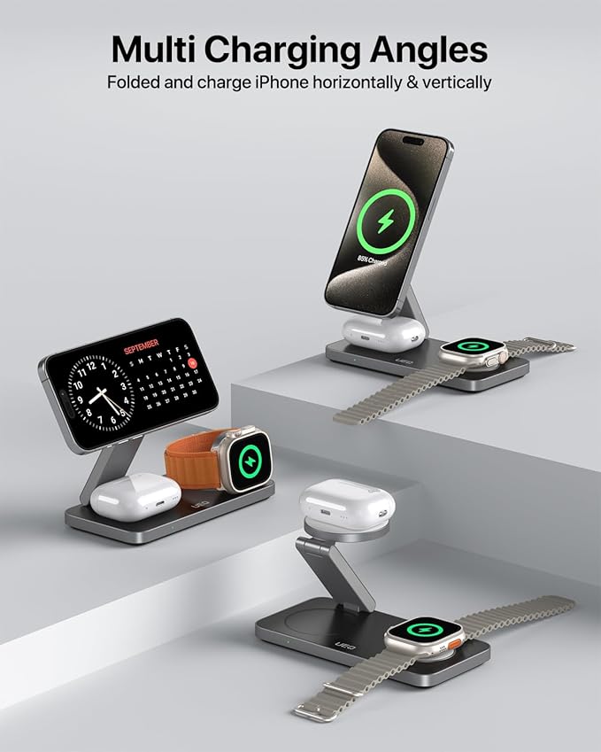 UEQ Foldable 3 in 1 Wireless Charging Station for Apple Compatible with Magsafe Charger Stand,Magnetic Wireless Charger Station for iPhone 17 Air16 15 14 13 12 Series,Airpods Pro,Apple Watch(Black)