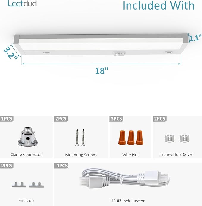 Leetdud Under Cabinet Lighting Motion Sensor Hardwired, 18 Inch 9W Dimmable, 5 CCT 2700/3000/3500/4000/5000K, Eyes Care Design Linkable Under Counter Lights for Kitchen, Sink, ETL Listed, White