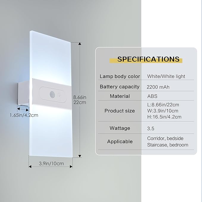 Battery Sconces Wall Decor Set Of 2, Motion Sensor Light Idoor Wireless Dimmable Wall Lamp With button switch, Cold White Magnetic Stick On Lights For Wall,Wall Lights For Bedroom,Hallway,Stair