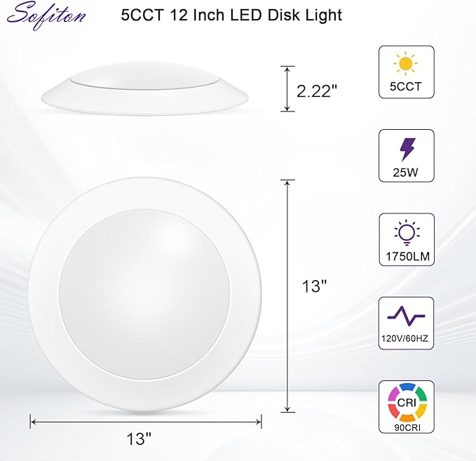 1-Pack 12 Inch Disk Lights, 2700K-5000K Adjustable, 25W, 1750LM, CRI 90+, Dimmable 10%-100%, Wet Rated, Surface Mount LED Ceiling Light for Bathroom Kitchen, ETL Listed