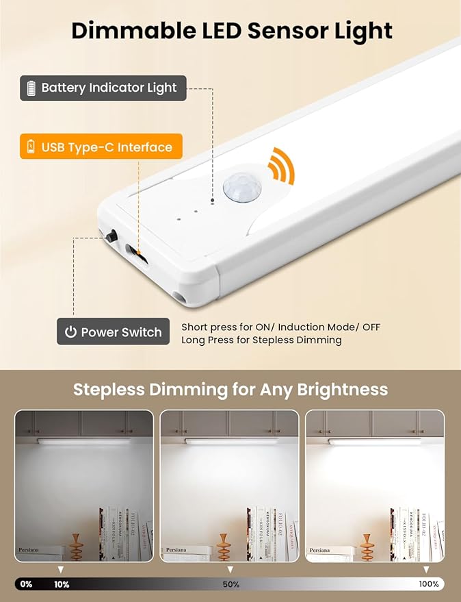 16 Inch Under Cabinet Lights, LED Rechargeable Magnetic Motion Sensor Light Indoor, Brightness Dimmable 6500K Stepless Dimming Closet Light, for Under Counter, Kitchen, Stairs, Closet, 2 Packs