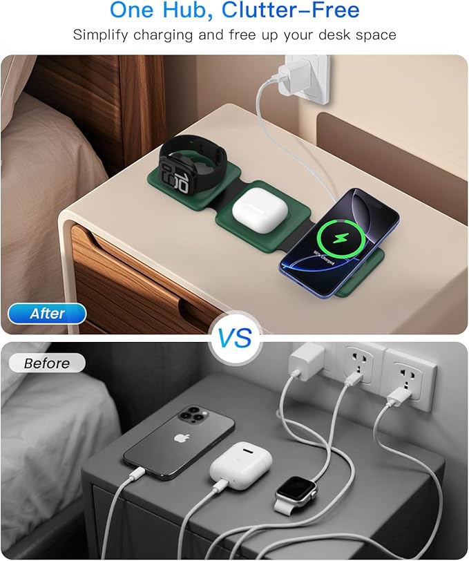 Iseyyox 3 in 1 Wireless Charger for iPhone - Foldable Charging Station Travel Charging Dock Compatible with iPhone 17 16 15 14 13 12 Pro Max Plus Watch & Airpods