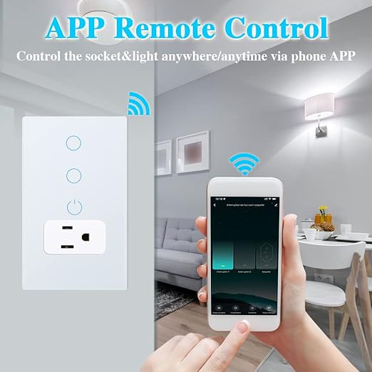 Combination Smart Touch Light Switch and Smart WiFi Power Wall Outlet, Tuya APP Smart Life, 15A /90-250V AC 60Hz, Combo Style, White