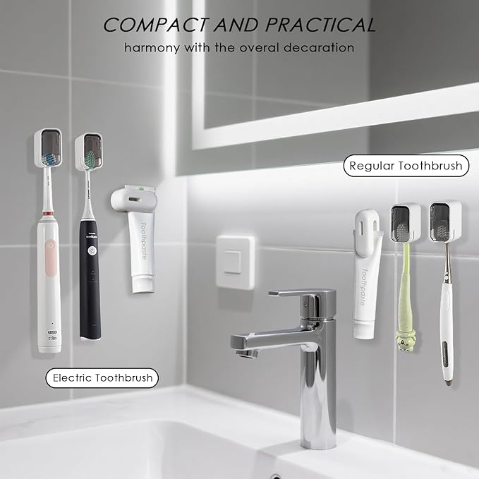 2PCS Toothbrush Holder Wall Mounted for Bathroom with Cover for Shower - with Toothpaste Clip - Single Slot Toothbrush Dispenser Storage Organizer for Travel with Detachable Design